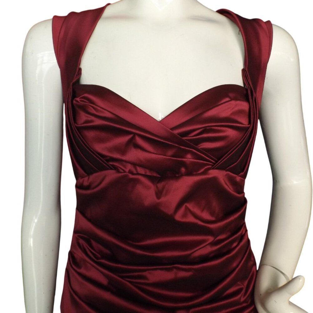 TALBOT RUNHOF Dress, 12/42, Burgundy Stretch Taffeta, Wide Straps, Ruched Zipper - Picture 2 of 13